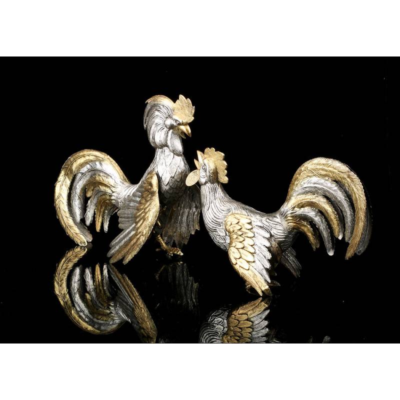 Antigua Pareja de Gallos de Plata Maciza. Gran Expresividad. España, Circa 1950 Antigua Pareja de Gallos de Plata Maciza. Gran Expresividad. España, Circa 1950