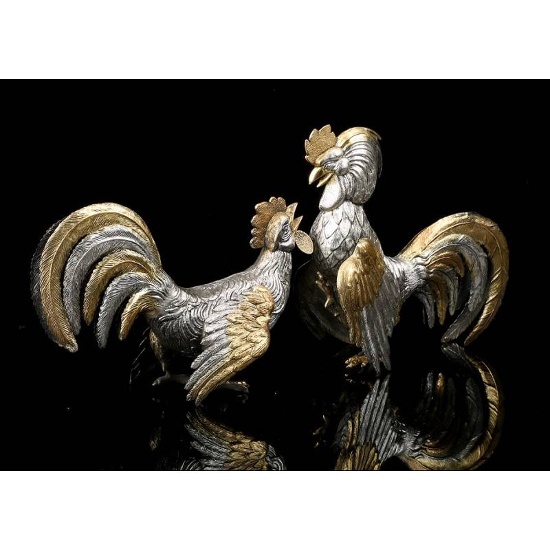 Antigua Pareja de Gallos de Plata Maciza. Gran Expresividad. España, Circa 1950 Antigua Pareja de Gallos de Plata Maciza. Gran Expresividad. España, Circa 1950