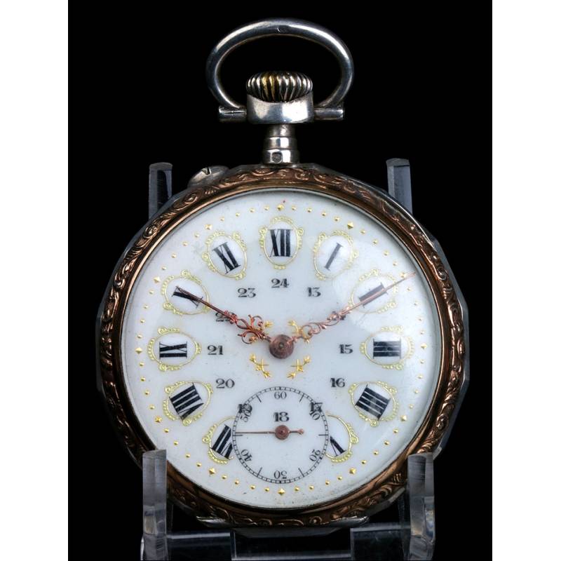 Reloj de Bolsillo Antiguo de Plata con Esfera de Porcelana. Francia, 1900