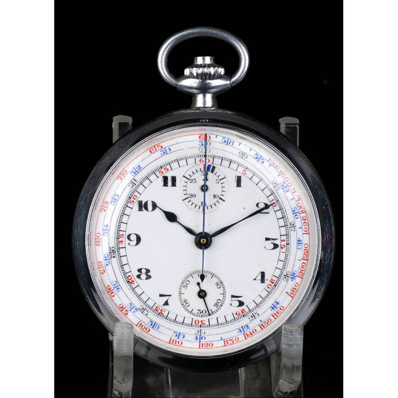 Reloj de Bolsillo Antiguo con Cronómetro. Metal Plateado. Circa 1930