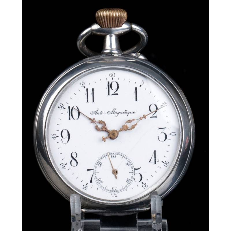 Antiguo y Sobredimensionado Reloj de Bolsillo en Plata. Suiza, Circa 1900