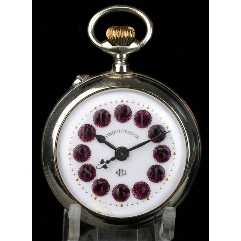 Antique Silver Pocket Watch. Enameled numbering. Spain, 1900