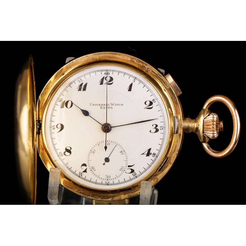 Reloj de Bolsillo. Oro de 18K Antiguo. Sonería a minutos y cronómetro. Suiza, Circa 1910