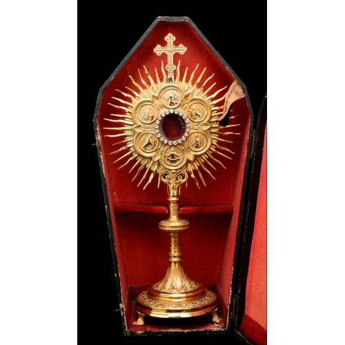 Antique Monstrance in Gilded Brass. Evangelists. France S. XIX