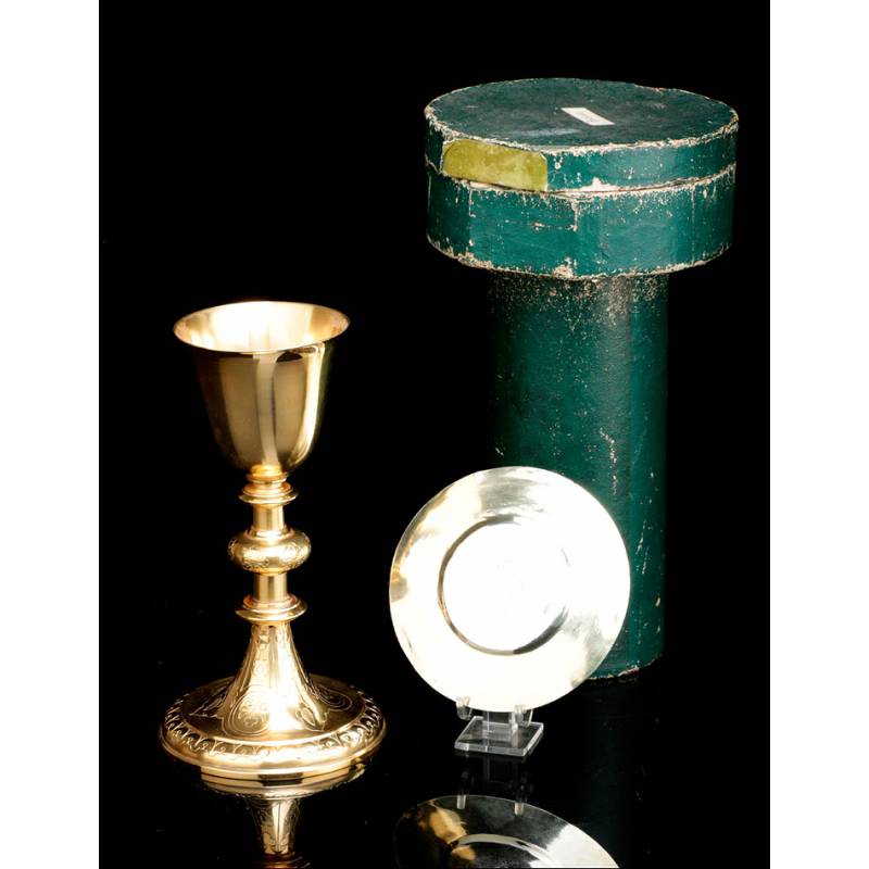 Antique Chalice and Paten in Solid Silver Gilt. Missions. France, Circa 1860