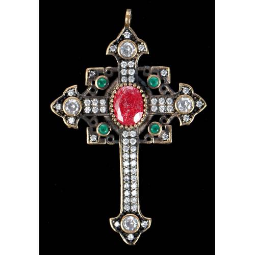 Chest Cross in Silver, Bronze, White Topaz, Agates and Fluorite. Years 70-80s