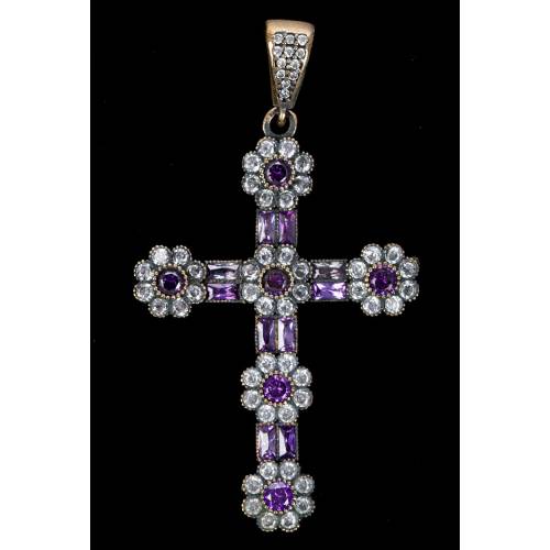 Chest Cross. Silver, Bronze, White Topaz and Amethysts. 1970's-80's