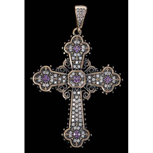 Chest Cross in Silver, Bronze, White Topazes and Amethysts. Years 70-80s