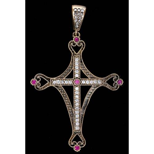 Chest Cross in Silver, Bronze, White Topazes and Pink Calcites. Years 70-80s