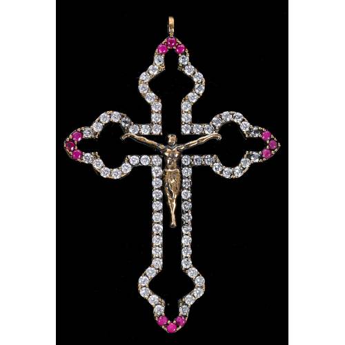 Chest Cross in Silver, Bronze, White Topaz and Pink Calcites. Years 70-80