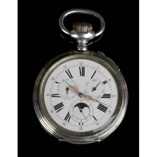 Reloj de Bolsillo Antiguo Sobredimensionado en Plata, Calendario y Fases Lunares. 1890