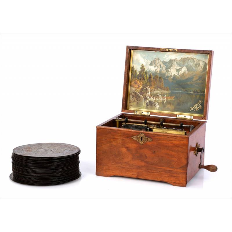 Caja de Música de Discos Antigua. Doble peine. 34 Discos. Suiza, 1890