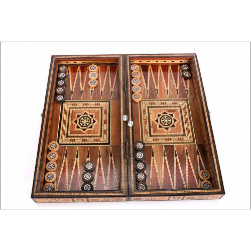Antique Backgammon and Checkers-Chess Set . Marquetry. Circa 1950's
