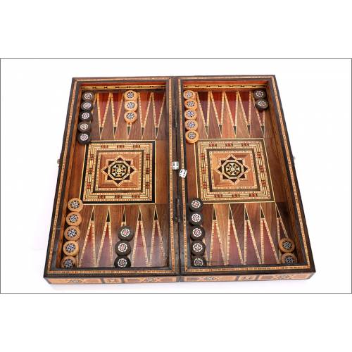Antique Backgammon and Checkers-Chess Set . Marquetry. Circa 1950's