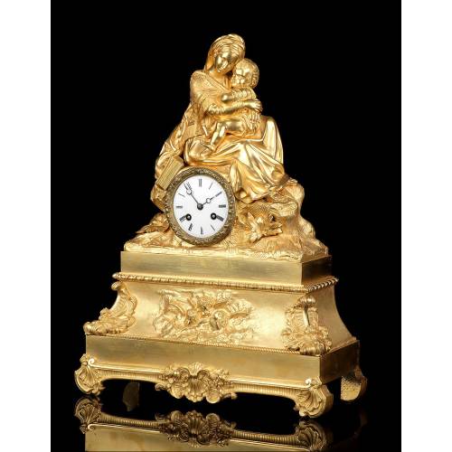 Antique Mantel Clock in Gilded Bronze. Virgin of the Chair. France, 1870