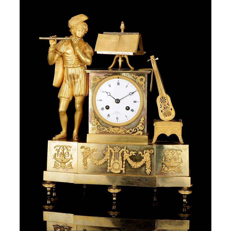 Antique Mantel Clock in Gilded Bronze with Mercury. The Troubadour. France, 1850-70