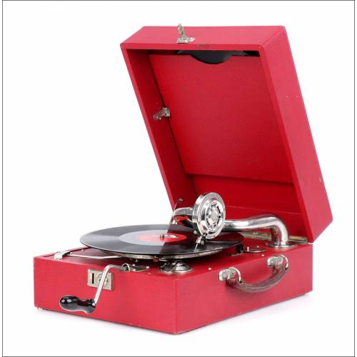 Antique Red Suitcase Gramophone. Germany, Circa 1930