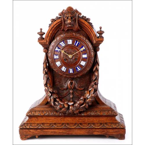 Antique Hand Carved Oak Mantel Clock. France, Circa 1870