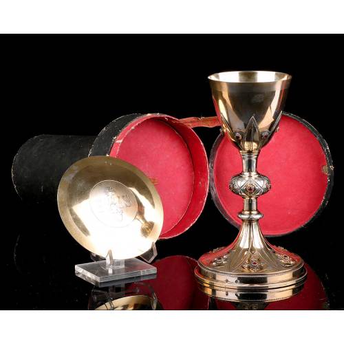 Antique Chalice in Solid Silver Gilt and Garnets. Case. France, Circa 1880