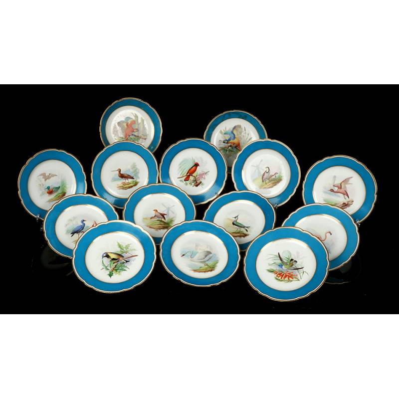 14 Antique Old Paris Porcelain Pieces. Birds. France, Circa 1900