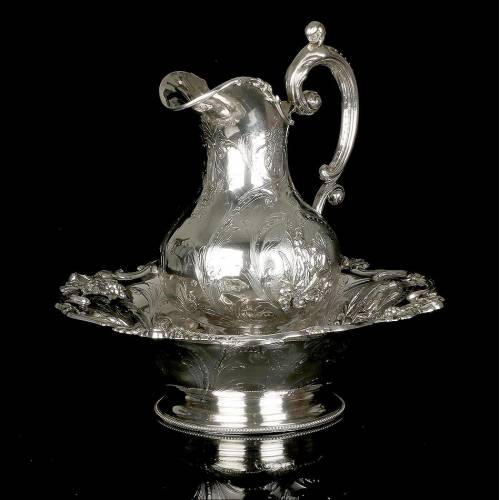 Antiguo Aguamanil y Jofaina en Plata Maciza. Emile Hugo. Francia, Circa 1870