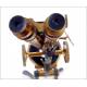 Antiguo Microscopio Binocular Henry Crouch. Inglaterra, Circa 1900