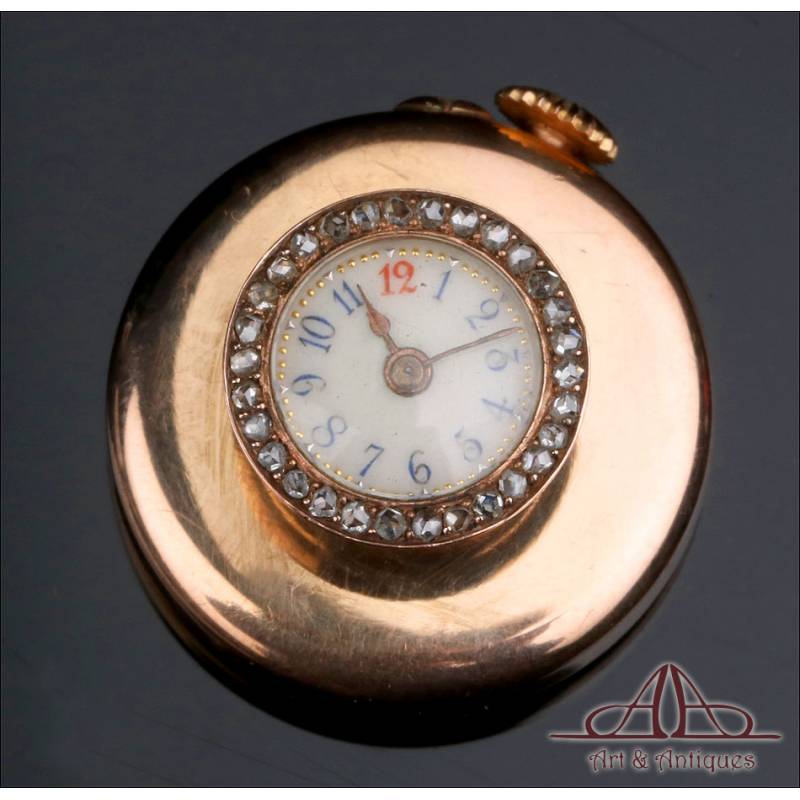 Antique Buttonhole Clock. 18K Gold and Diamonds. France, Napoleon III, Circa 1880.