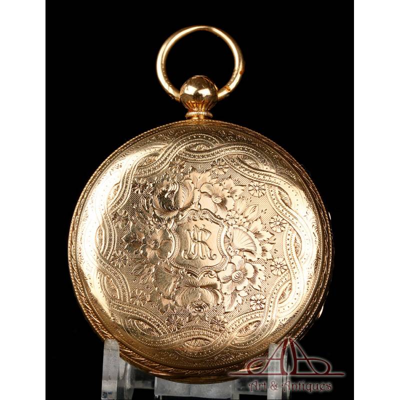 Beautiful Antique English Verge Fusee antique verge fusee pocket watch. 18K gold. England, 1874