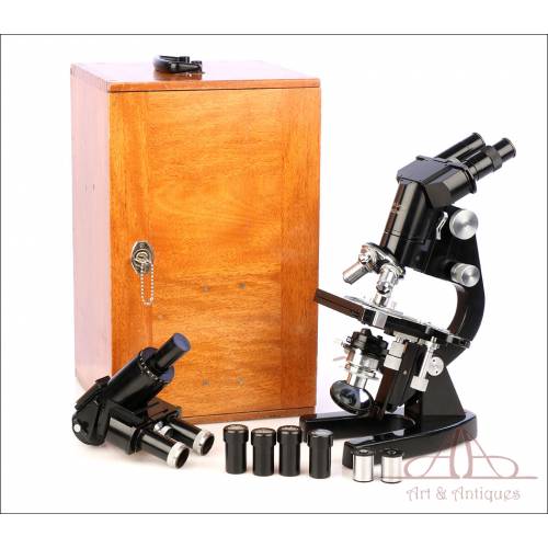 Antiguo Microscopio E. Leitz Wetzlar Binocular - Triocular. Alemania, Años 50