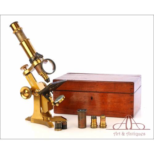 Rare Antique English Pillischer Brass Microscope. England, Circa 1890