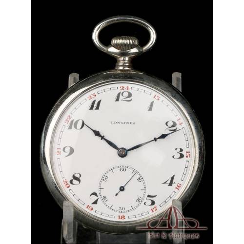 Antique Longines Pocket Watch. Silver plated metal. Circa 1930