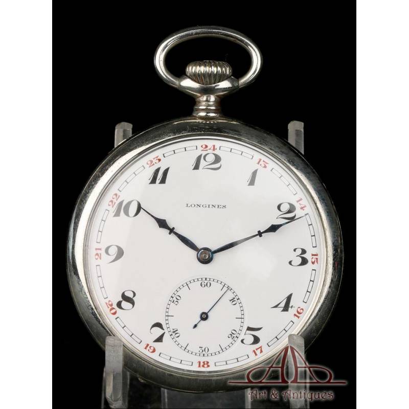 Antique Longines Pocket Watch. Silver plated metal. Circa 1930
