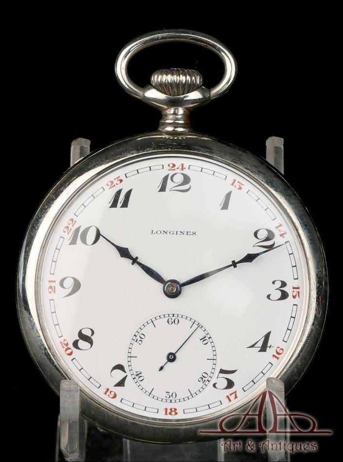 Pendiente Manga tolerancia Reloj de Bolsillo Antiguo Longines. Metal Plateado. Circa 1930