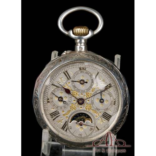 Antique Longines Pocket Watch with Calendar and Moon Phase in Silver. France, Circa 1880