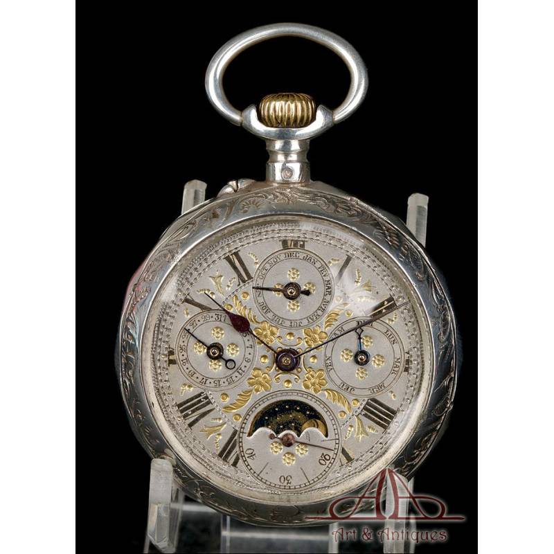 Antique Longines Pocket Watch with Calendar and Moon Phase in Silver. France, Circa 1880