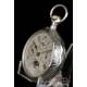 Antique Longines Pocket Watch with Calendar and Moon Phase in Silver. France, Circa 1880