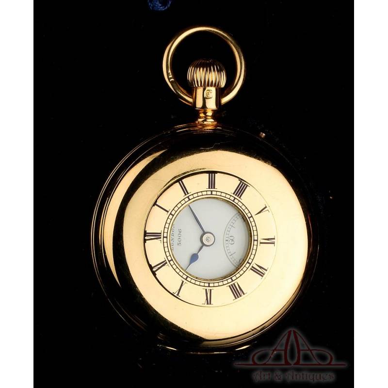 Antiguo Reloj de Bolsillo Semi Cazador Allamand en Oro de 18K. Estuche. Inglaterra, 1926