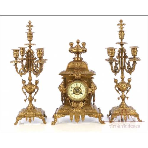 Antique French Bronze Clock and Candelabra Set. France, Circa 1900