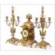 Antique French Bronze Clock and Candelabra Set. France, Circa 1900