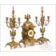 Antique French Bronze Clock and Candelabra Set. France, Circa 1900