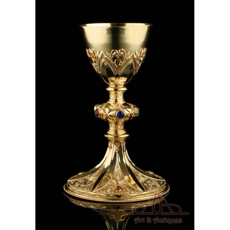 Antique Gilt Solid Silver Chalice with Cabochons. France, 19th Century