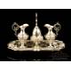 Antique Solid-Silver Liturgical Cruet Set with Bell. Barcelona, Spain, 19th Century