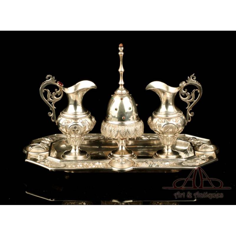 Antique Solid-Silver Liturgical Cruet Set with Bell. Barcelona, Spain, 19th Century