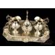 Antique Solid-Silver Liturgical Cruet Set with Bell. Barcelona, Spain, 19th Century