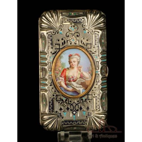 Antique Solid-Silver Enameled Cigar Box. France, 19th Century. Napoleon III
