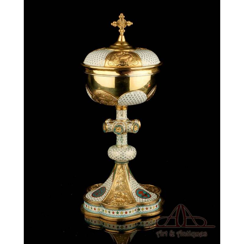 Antique Ciborium. Champlevé Enamels. France, Circa 1920