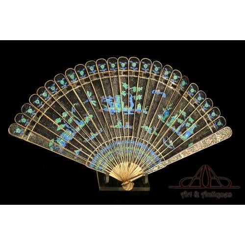 Antique Chinese Silver Folding Fan with Enamels. China, 19th Century