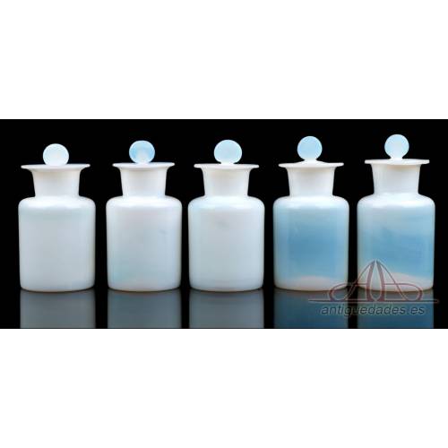 Set of 5 Antique Hand-Blown Opaline Glass Pharmacy Bottles. Spain, Circa 1940