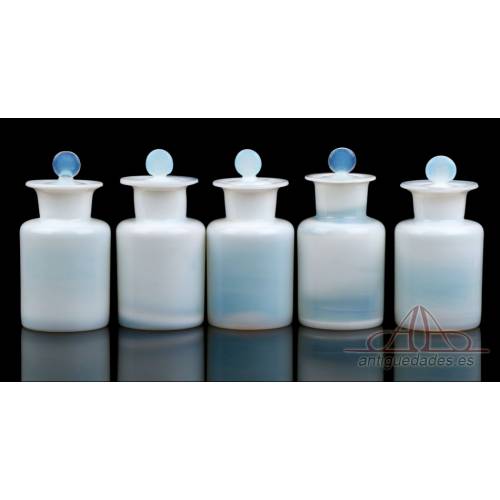 Set of 5 Antique Hand-Blown Opaline Glass Pharmacy Bottles. Spain, Circa 1940