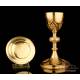 Antique Gilded Silver and Metal Chalice. Paten. France, Circa 1900